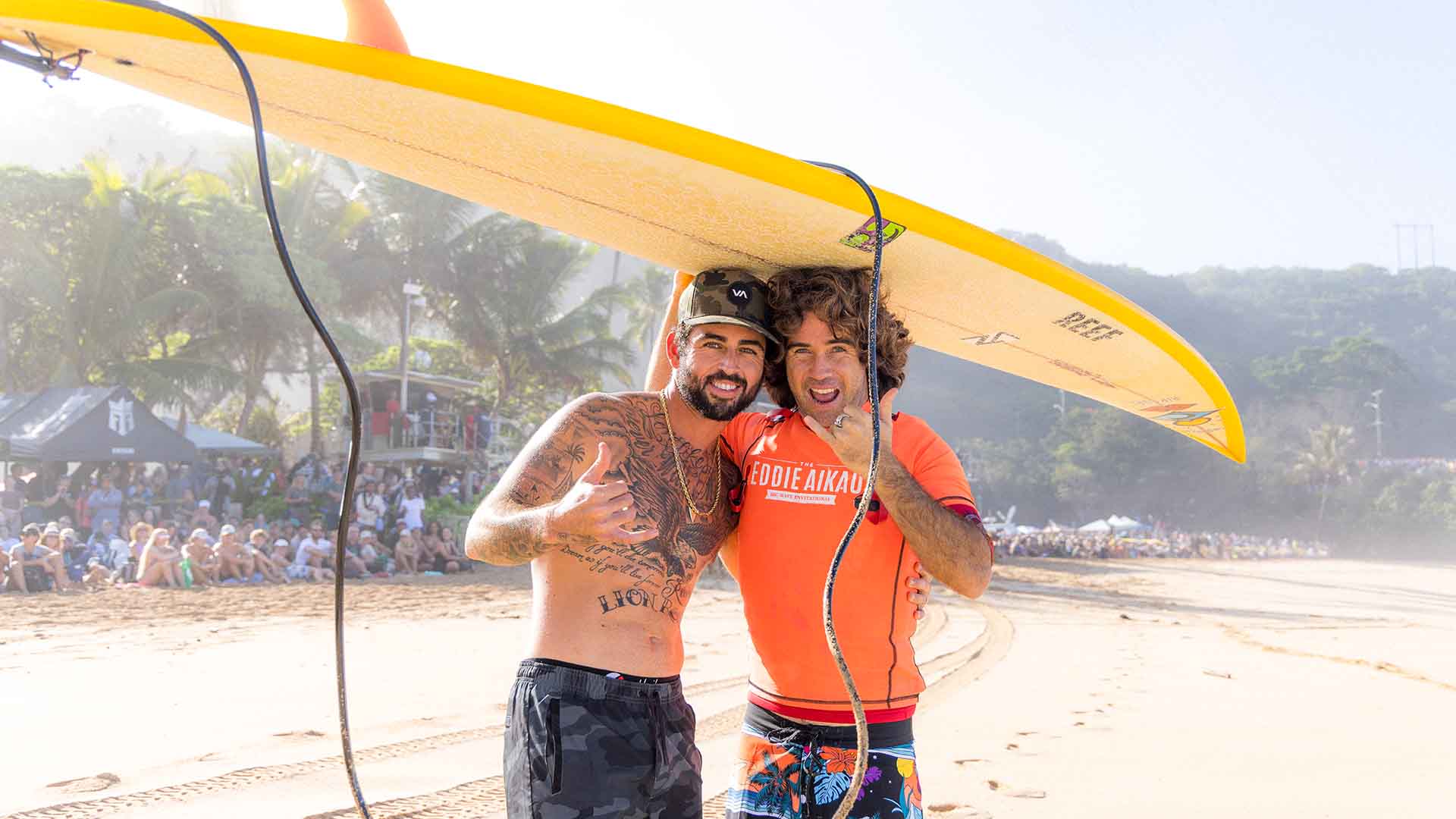 Mason Ho and friend at the Eddie Aikau Big Wave Invitational