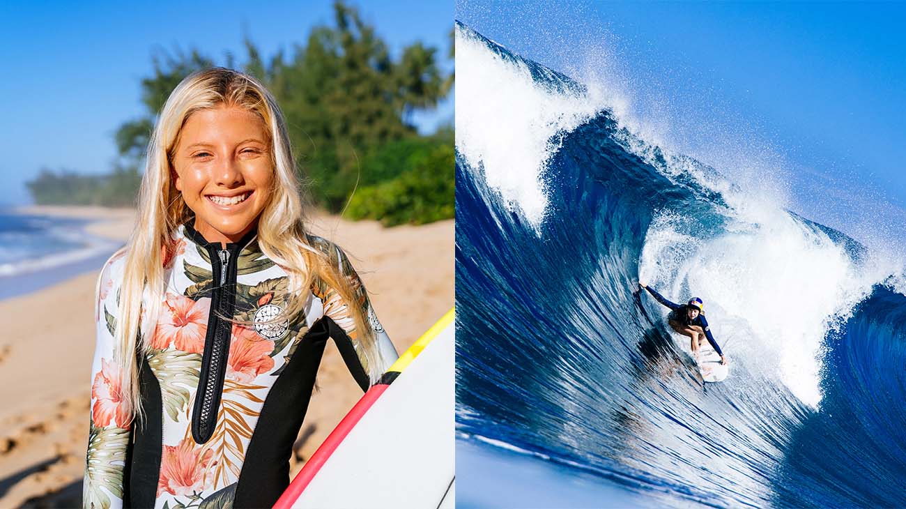 Left: Erin Brooks holding her surfboard. Right: Surfing shot of Erin Brooks from Hawaii