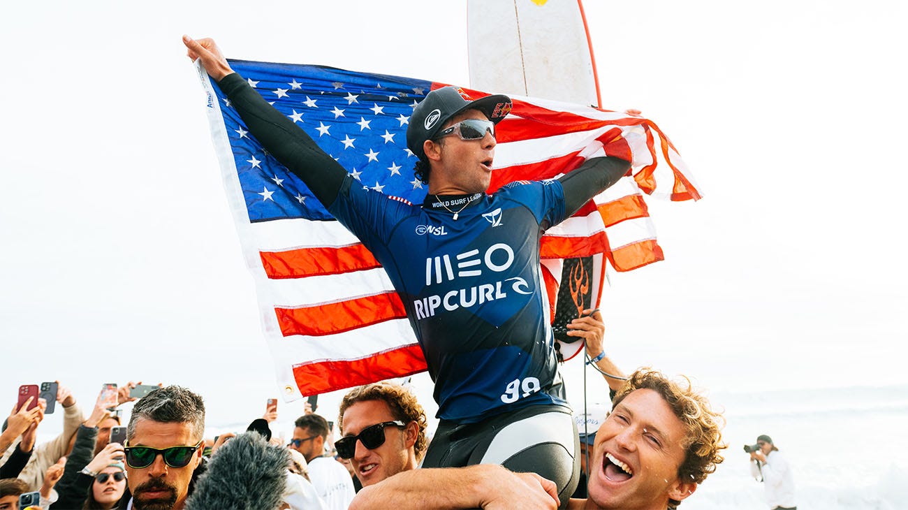 Griffin Colapinto celebrating her win at the MEO Rip Curl Pro Portugal