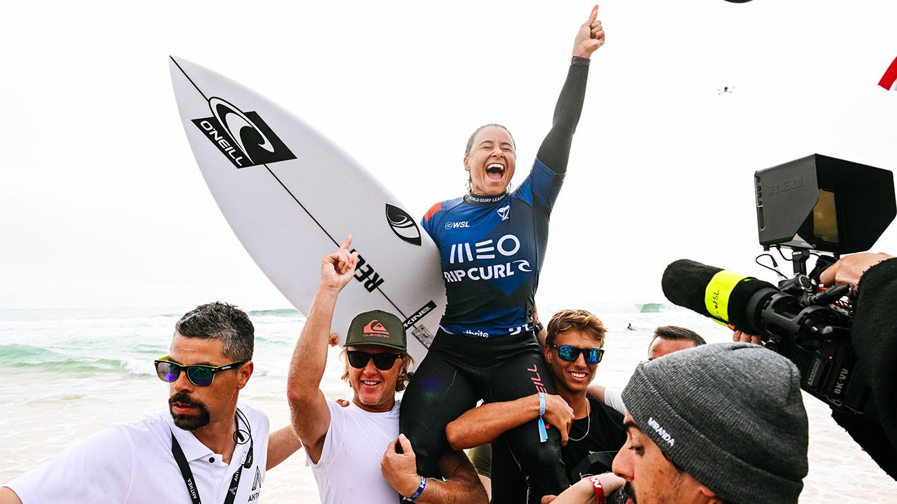 Johanne Defay celebrating her win at the MEO Rip Curl Pro Portugal