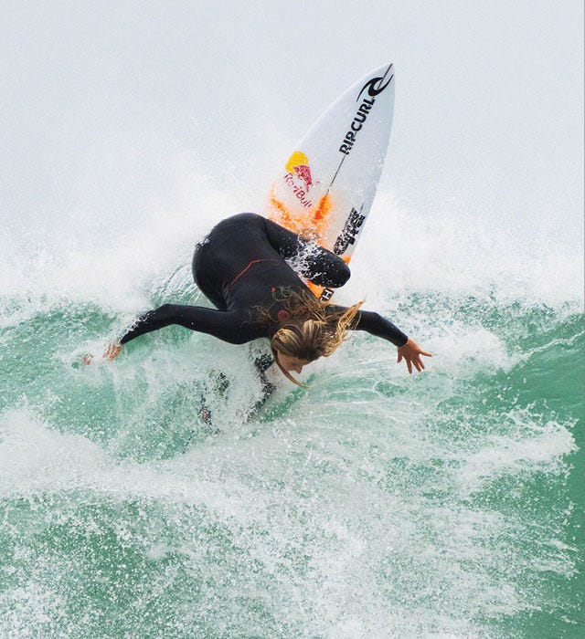 Split image of Teresa Bonvalot and Pam Burridge surfing