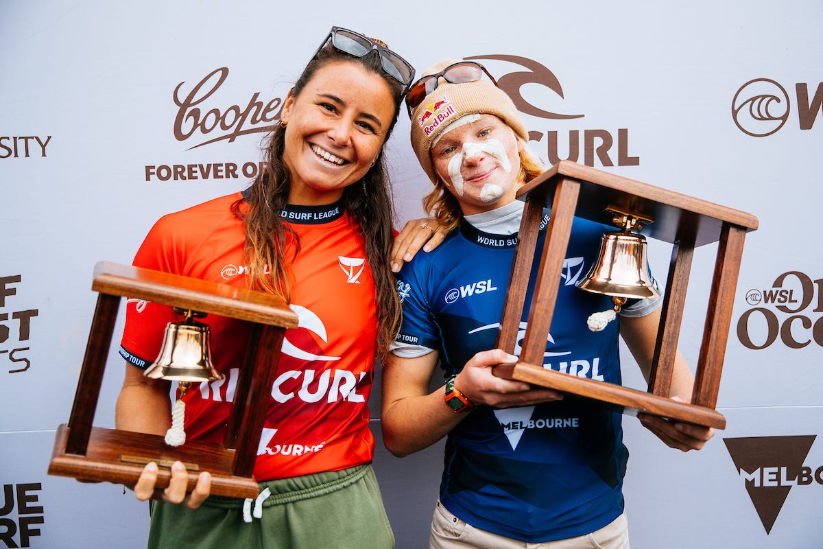 Johanne Defay and Caitlin Simmers holding their Bells Trophies