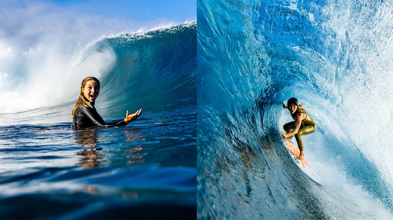 Left: Molly Picklum looking stoked. Right: Surfing shot of Molly Picklum from Hawaii