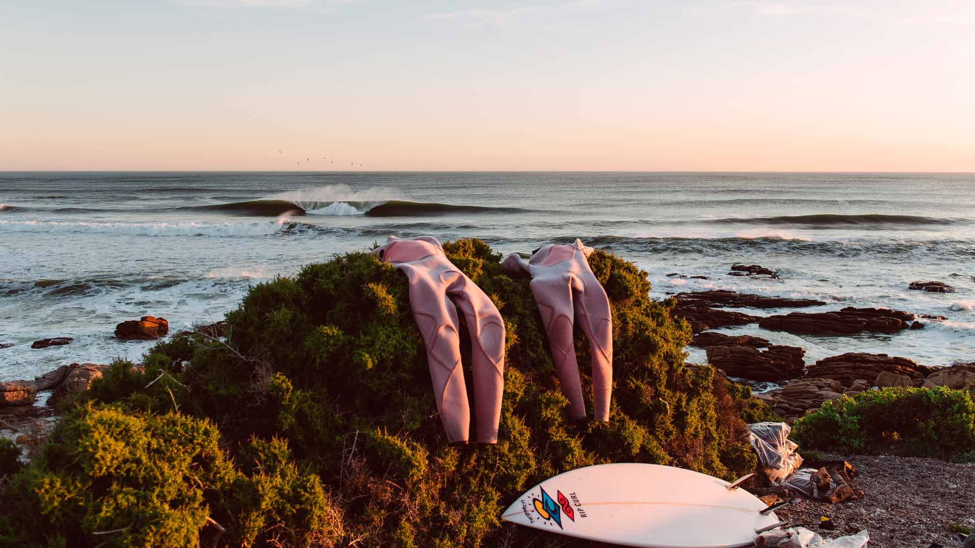 Wetsuits drying on a rock on the beach