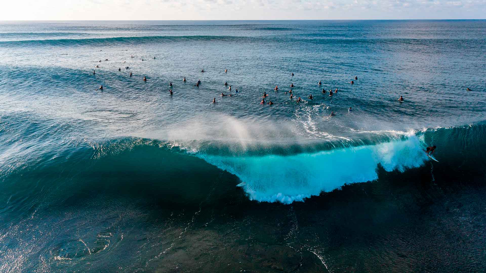 Crowded line up in North Shore, Hawaii