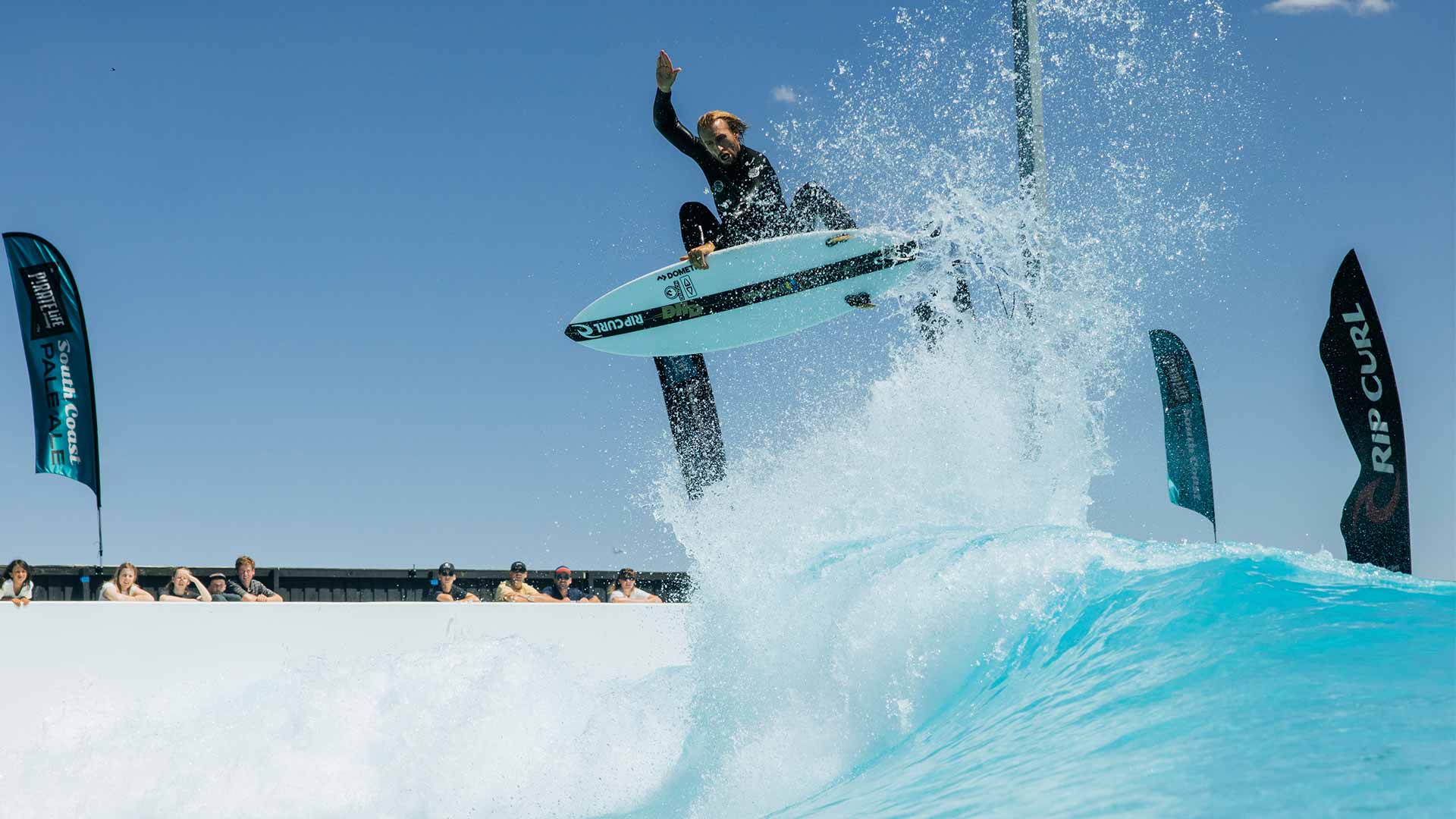 Owen Wright on the air wave setting at URBNsurf Melbourne.