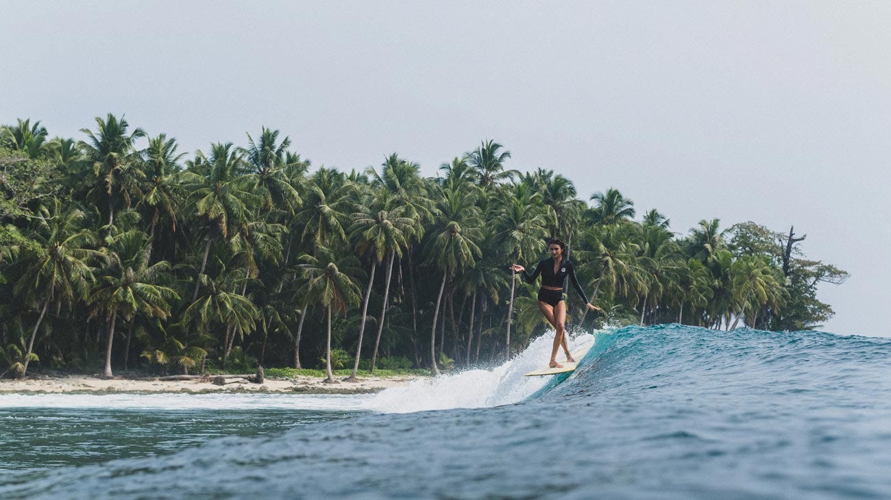 Victoria Vergara surfing in the Mentawais