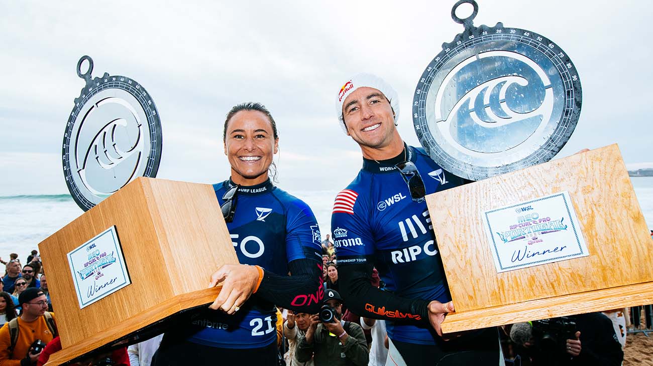 Winners of the MEO Rip Curl Pro Portugal Johanne Defay and Griffin Colapinto