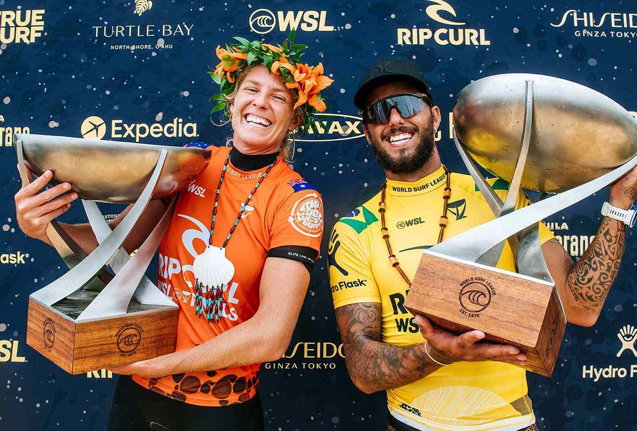 Gabriel Medina celebrating his 2021 WSL Finals Win with the crowd.