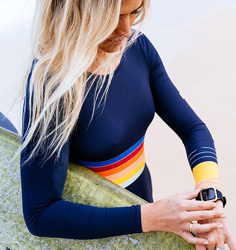 Rosy Hodge checking her surf using the Search GPS watch