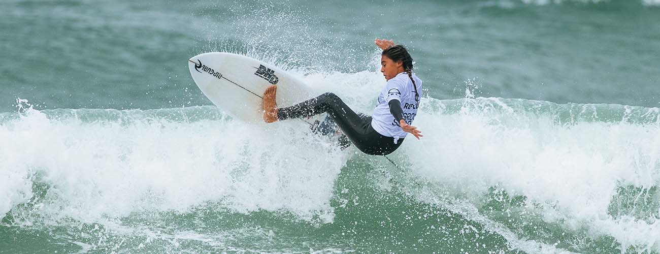 GromSearch finalist surfing their heat at Bells Beach