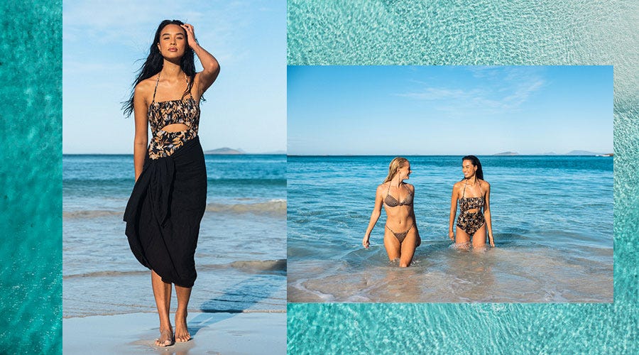 Crystal Ngo wearing a black Rip Curl sarong over the La Isla one piece