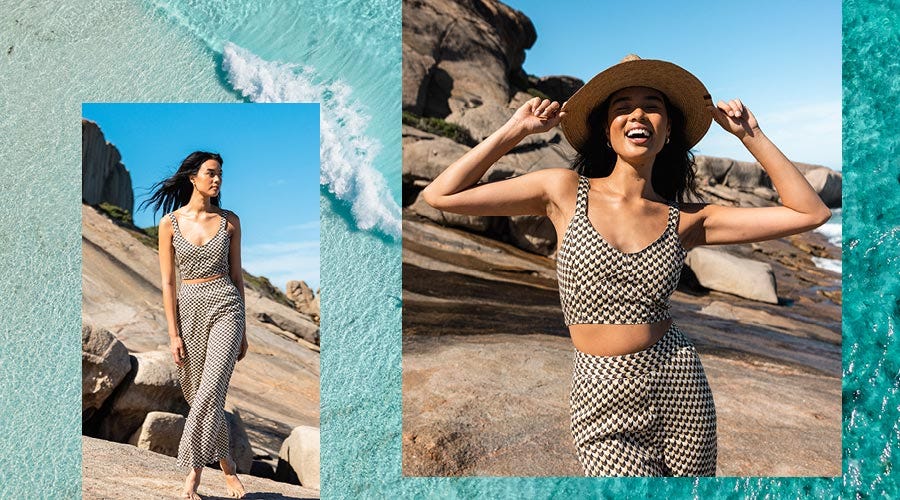 Crystal Ngo wearing the La Isla Geo print top and pant set in Western Australia