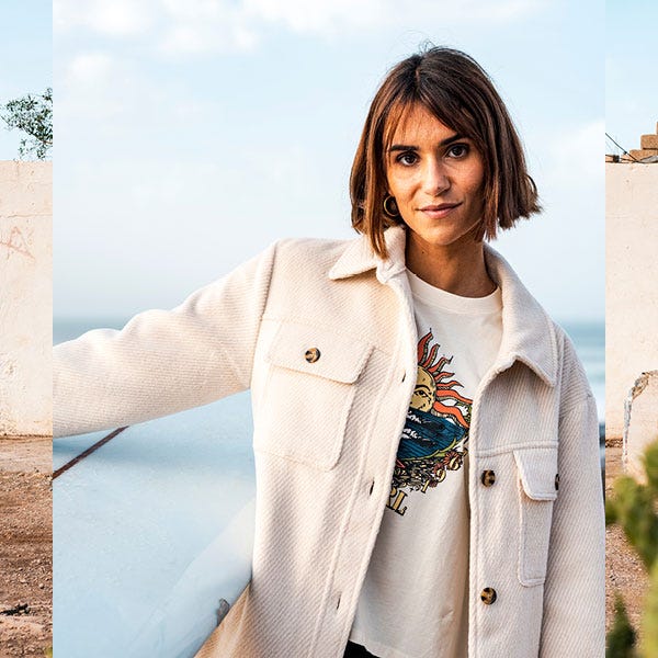 Victoria Vergara wearing a white Rip Curl shacket in Morrocco