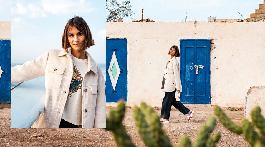 Victoria Vergara wearing a white Rip Curl shacket in Morrocco