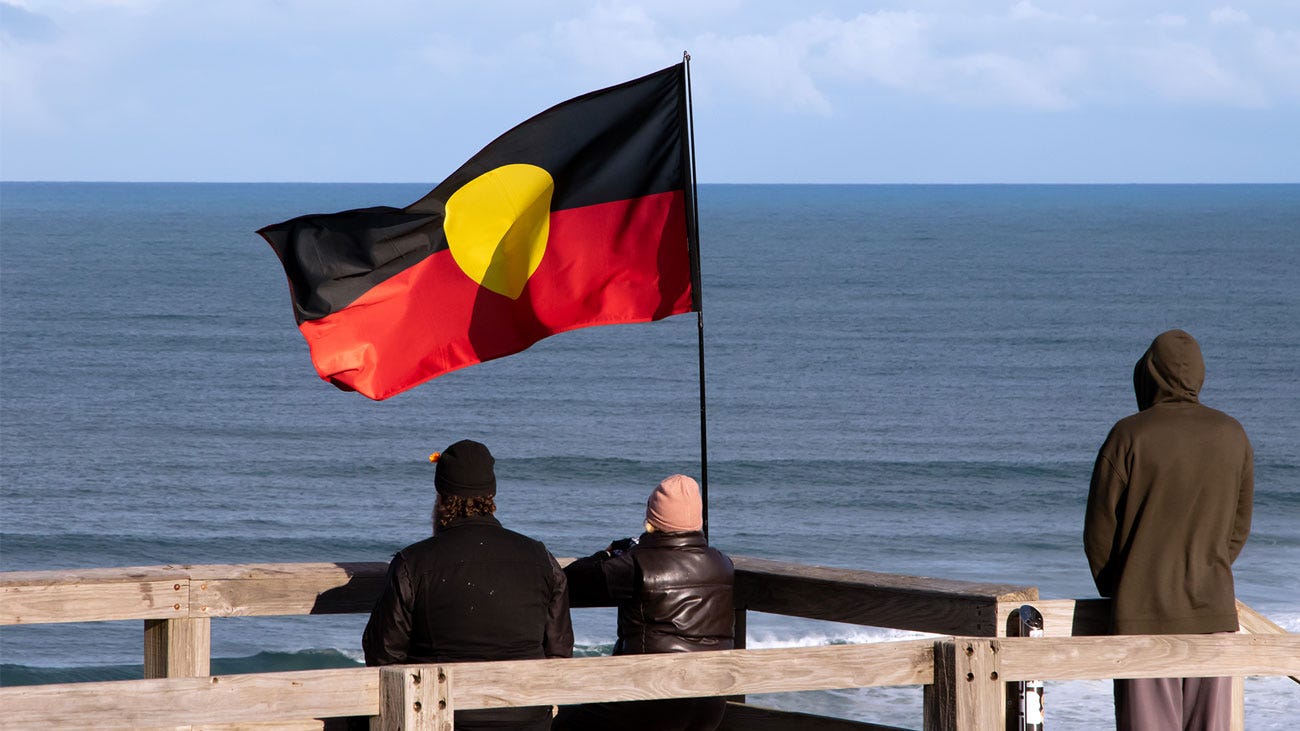 The first nations flag flying about Bells Beach, Victoria.