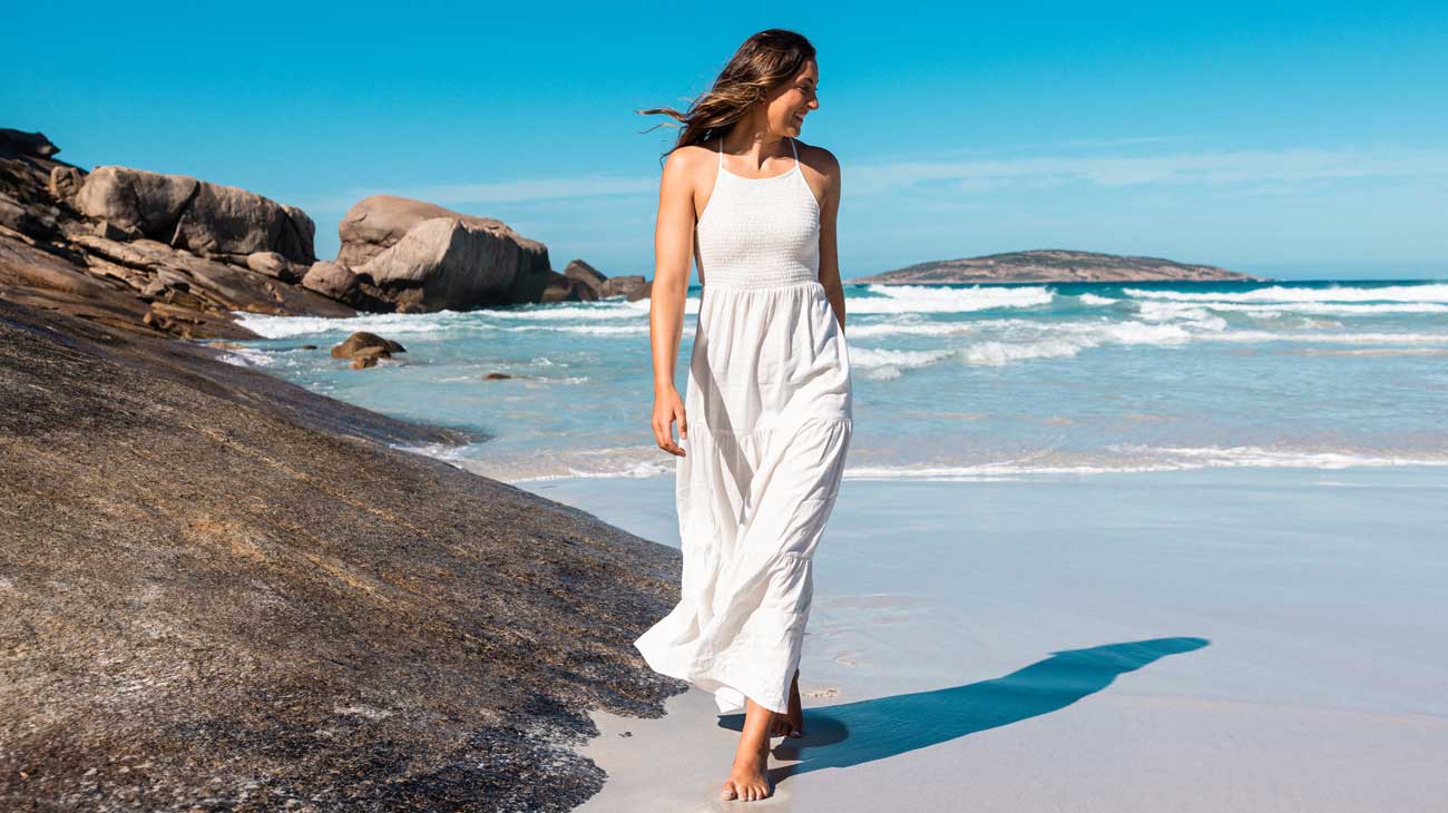 Kobie Enright wears white midi dress in Western Australia