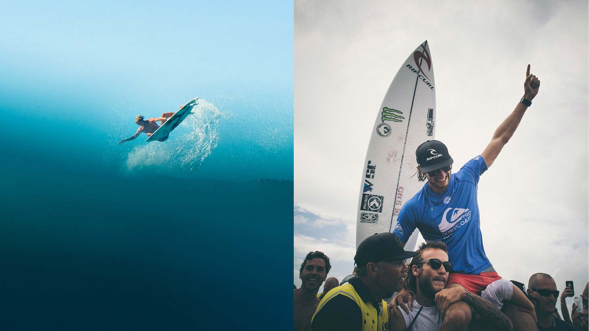 Split image of Owen Right getting some air and him being chaired along the beach by friends.