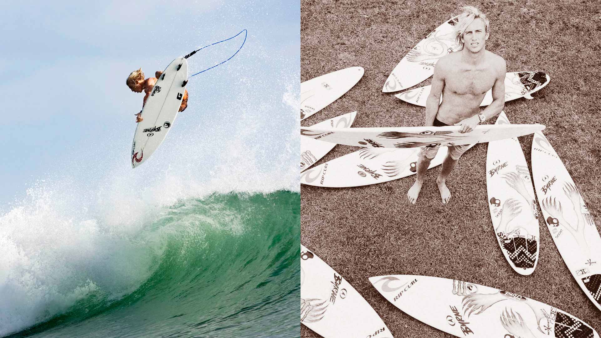 Split image of Owen Wright getting an air and him holding surfboards.