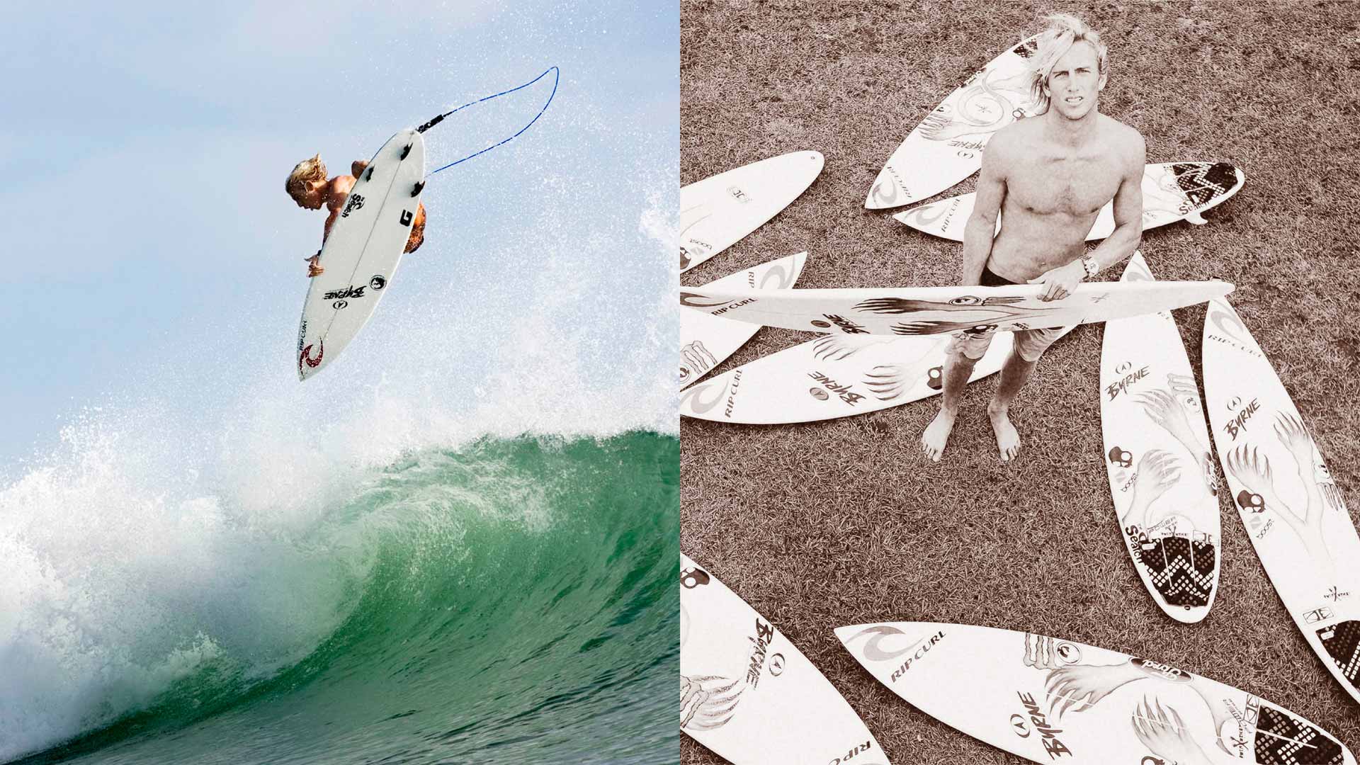Split image of Owen Wright getting an air and him holding surfboards.