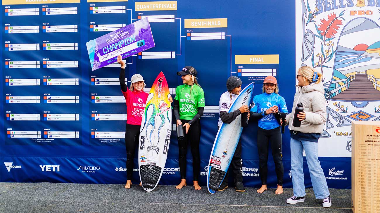Winner Erin Brooks and U16 runners up on the podium at the Rip Curl Pro Bells Beach