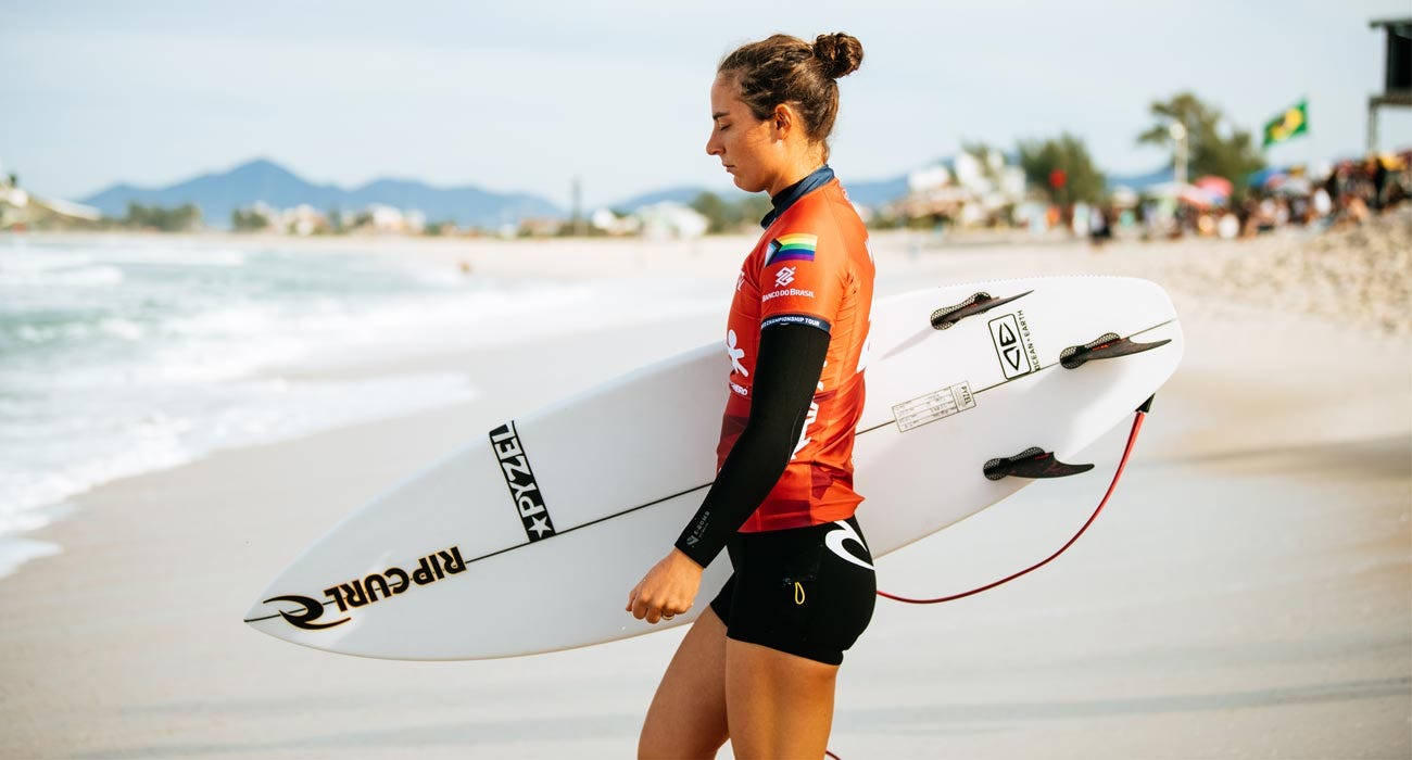 Tyler Wright taking a moment on the beach before her heat at the Vivo Rio Pro in Brazil