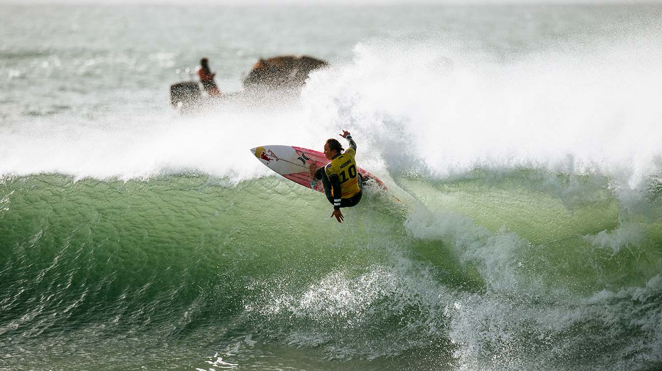 Carissa More surfing in J-Bay, South Africa