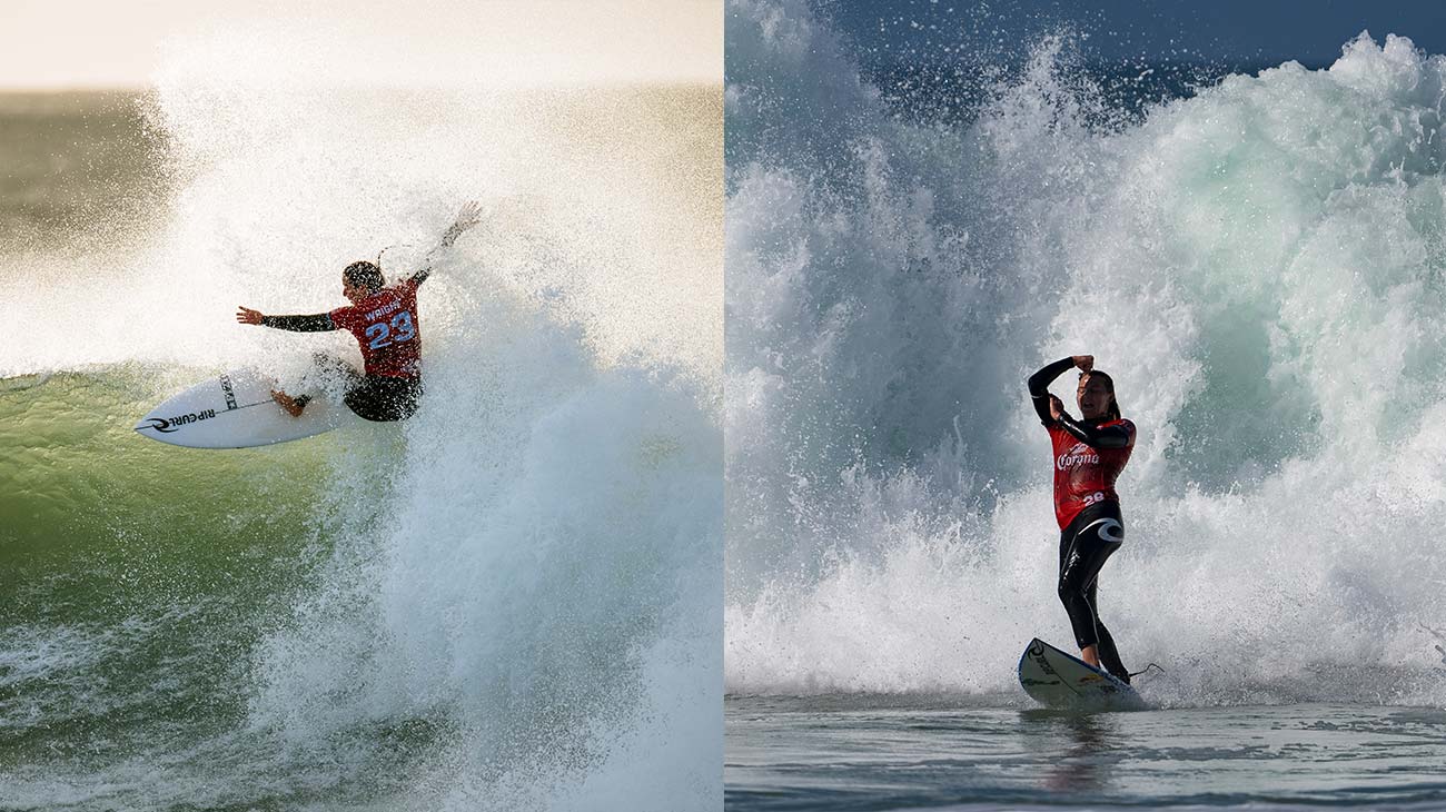 Split image of Tyler Wright and Molly Picklum surfing in J-Bay, South Africa