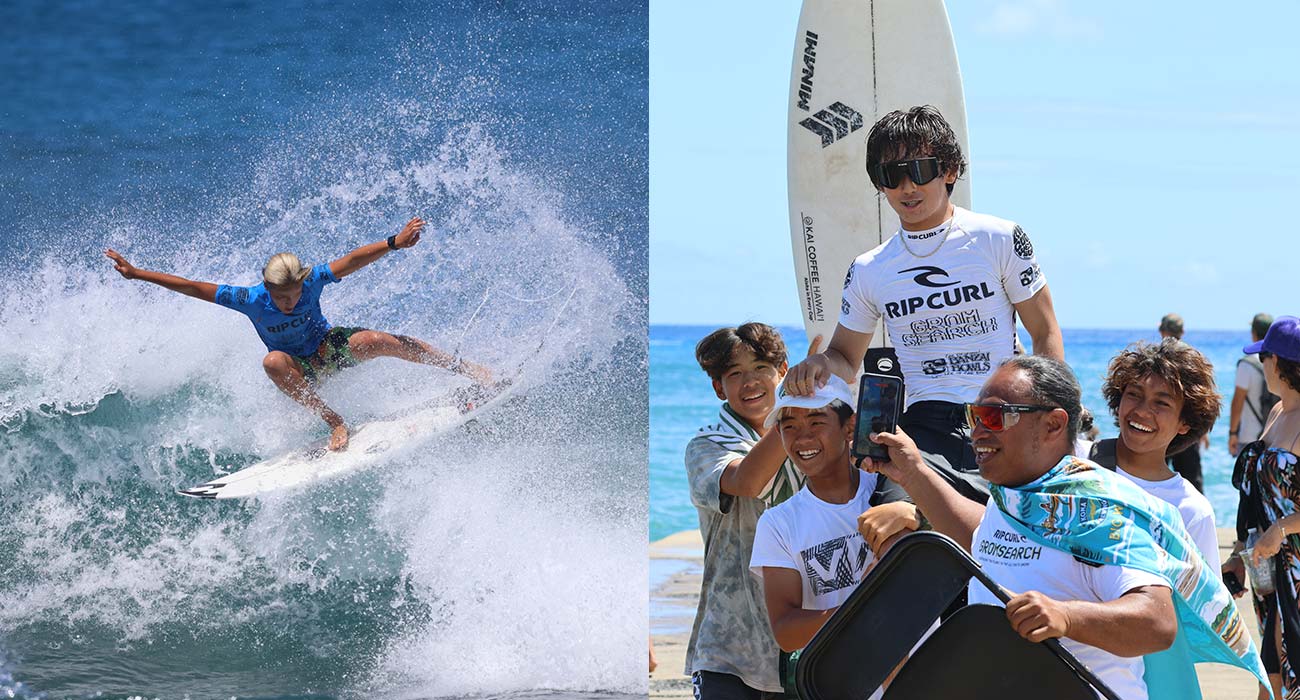 Split image, surfing on the left and Reef Isono being chaired on after a win. 