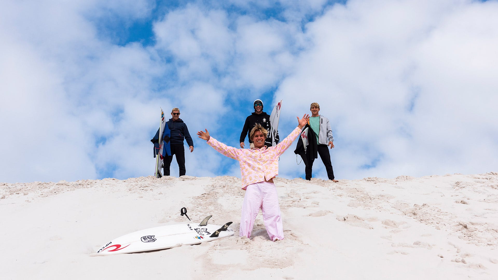 Morgan Cibilic wearing pyjamas half way down the dunes