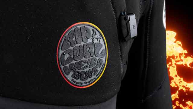 Close up image of the wetsuit logo on the E7 Flashbomb HeatSeeker wetsuit