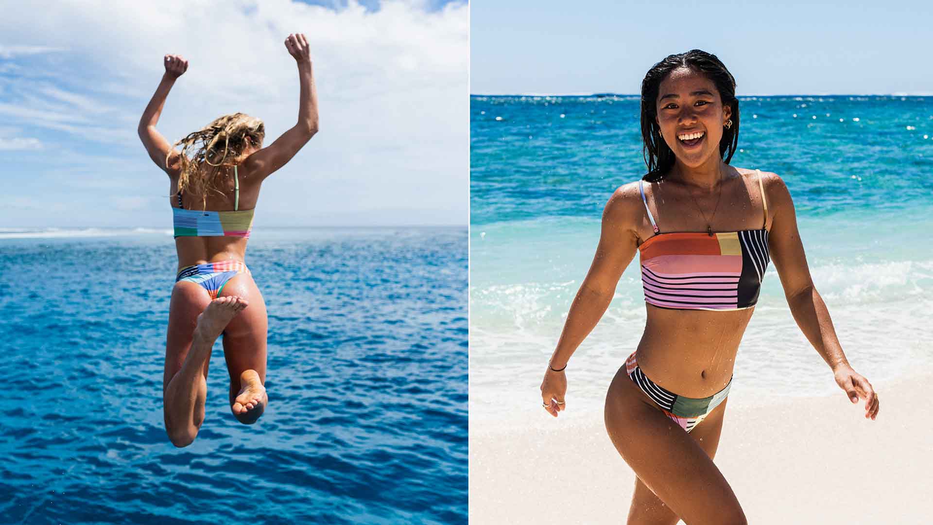 Split image of Rip Curl women wearing Erin Millar Ray's Rip Curl collection