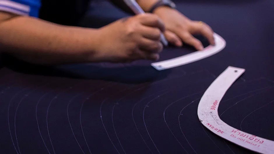 closeup shot of hands working on clothing patterns