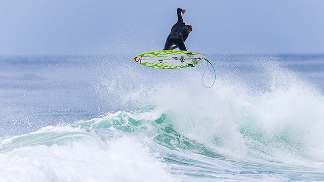 Crosby Colapinto surfs using the Rip Curl surf leash