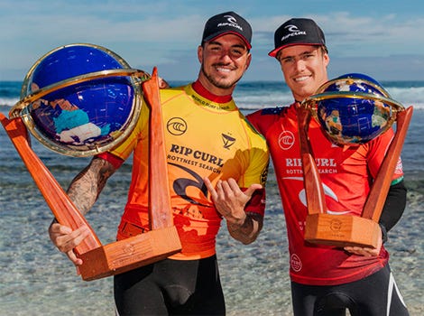 Morgan Cibilic and Gabriel Medina holding their trophies